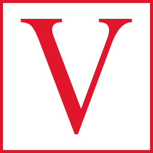 Large red V with white background and red square border